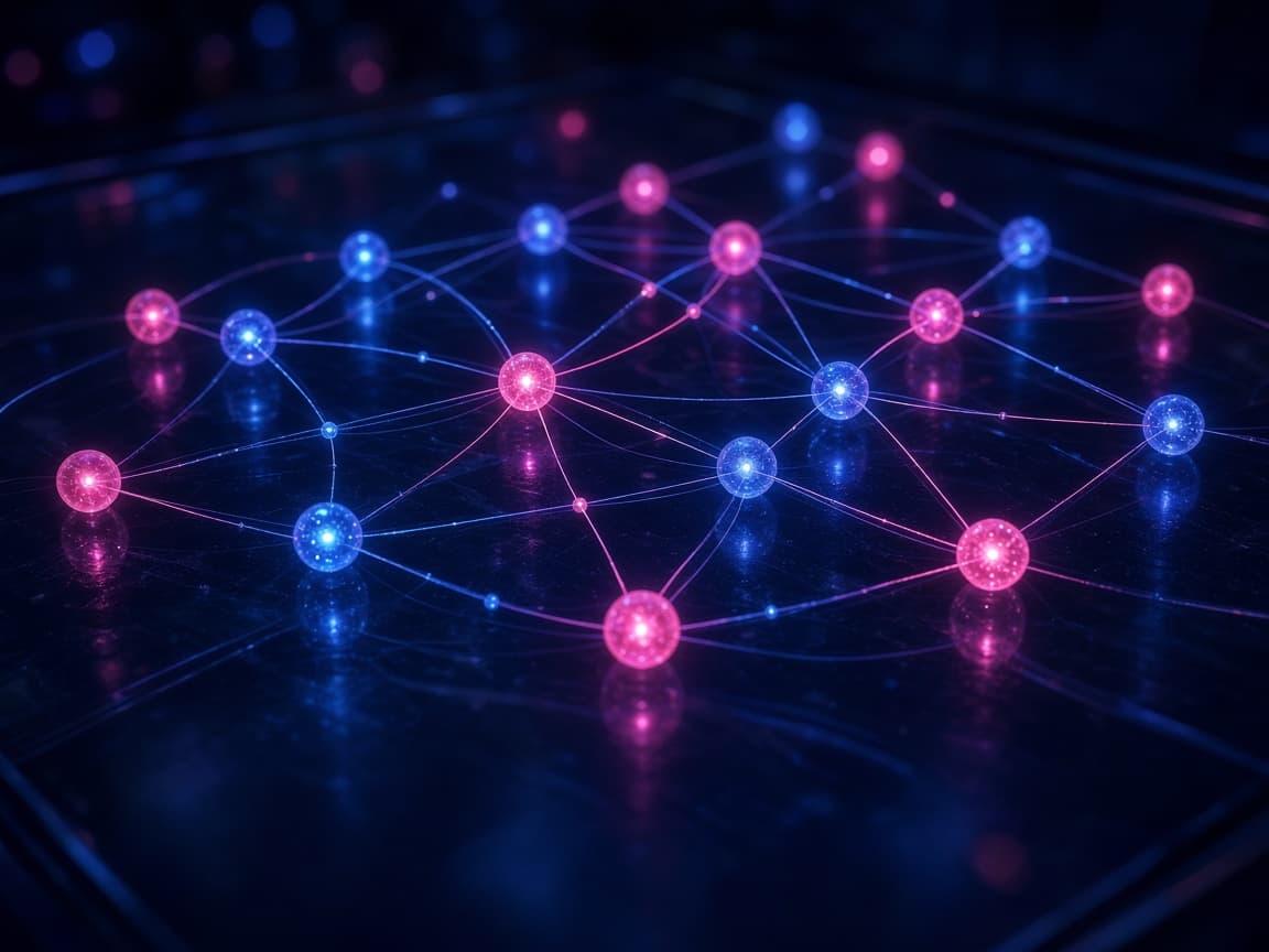 Glowing orbs connected by thin filaments on a dark glass table.