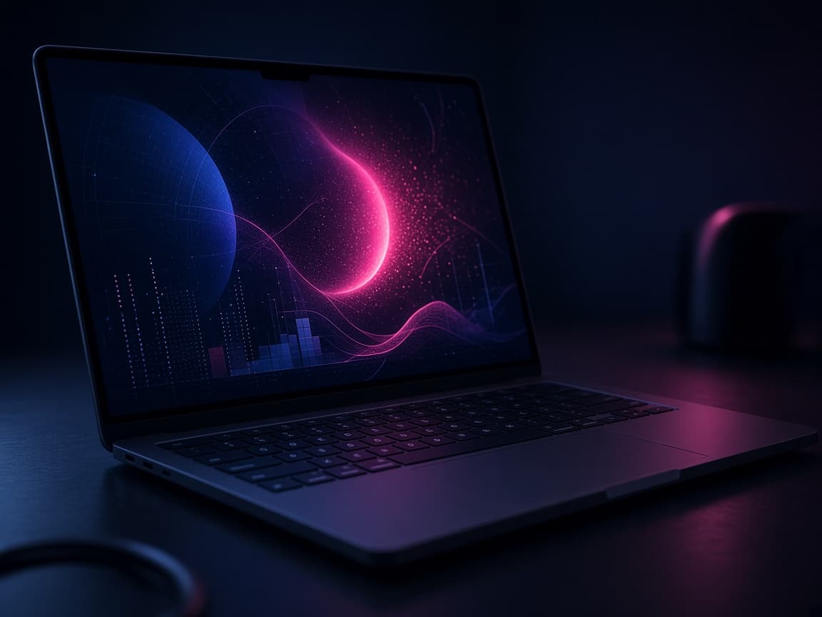 An open laptop on a dark desk, screen glowing navy and magenta.