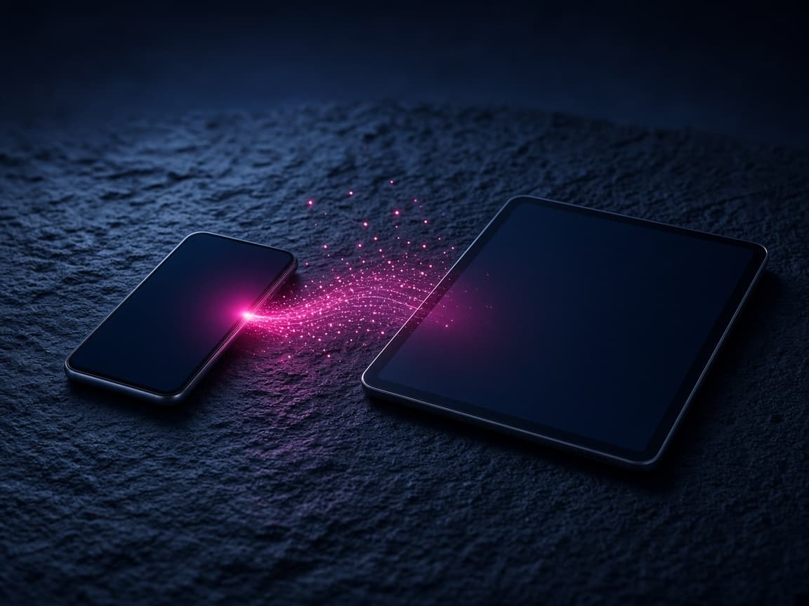 A smartphone and tablet on a dark surface, light passing between them.