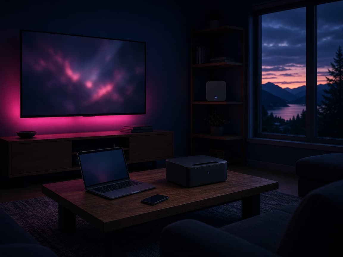 A living room with a laptop, phone and Wi-Fi node ready for home tech support.