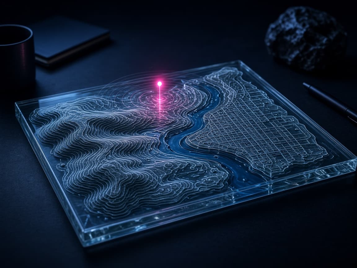 A glass topographic map of a river valley with a single point of light above it.