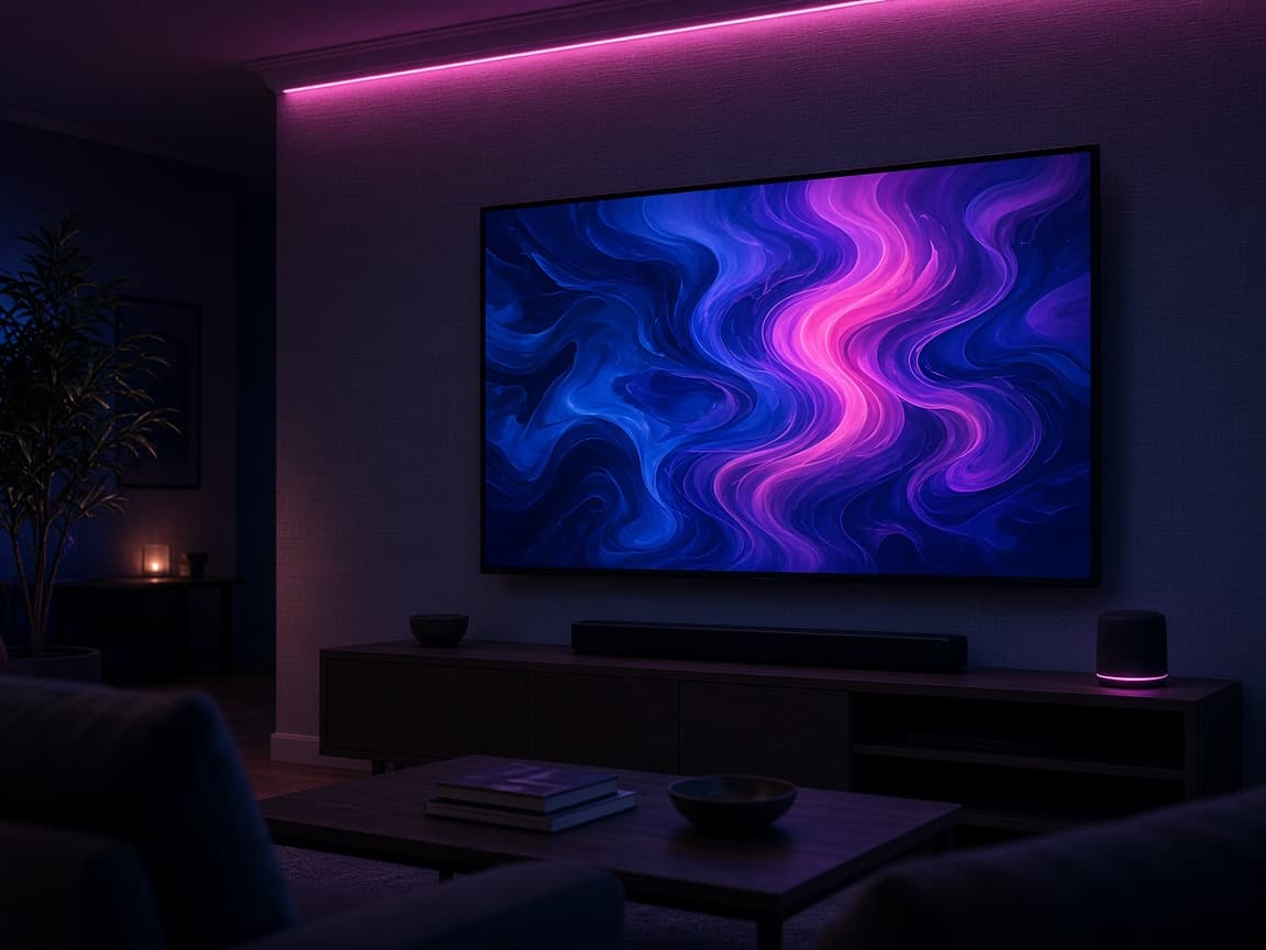A living room with a smart TV, soundbar and a soft ceiling light strip.