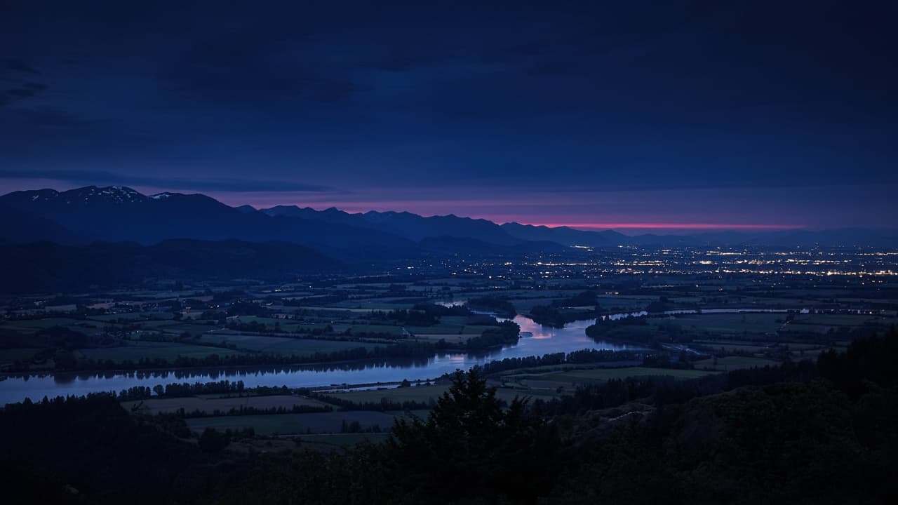 The Fraser Valley at dusk: mountains, a river, and distant city light.