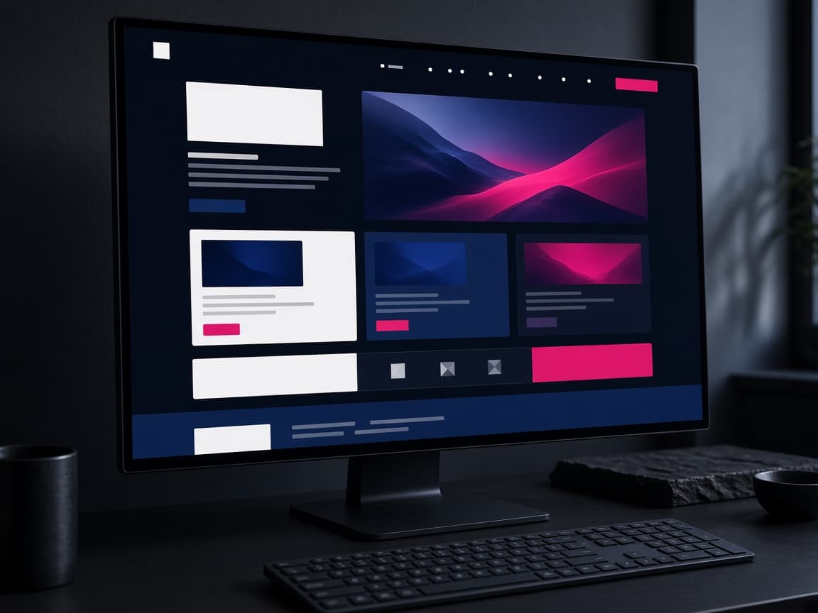 An ultrawide display showing a website as abstract layout blocks.