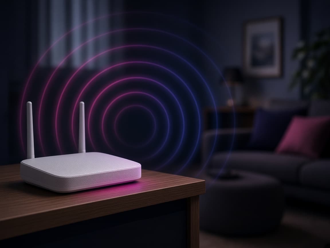 A mesh Wi-Fi node on a shelf with a faint coverage glow through the room.